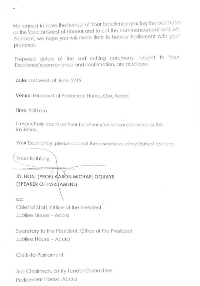 LEAKED: Letter Shows Parliament notified Prez Nana Akuffo-Addo about new chamber 4
