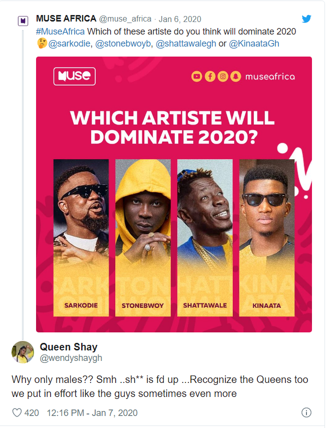 Wendy Shay blasts Muse Africa for saying only male musicians will dominate 2020