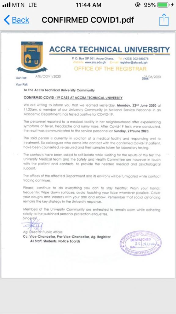 Accra Technical University records first coronavirus case