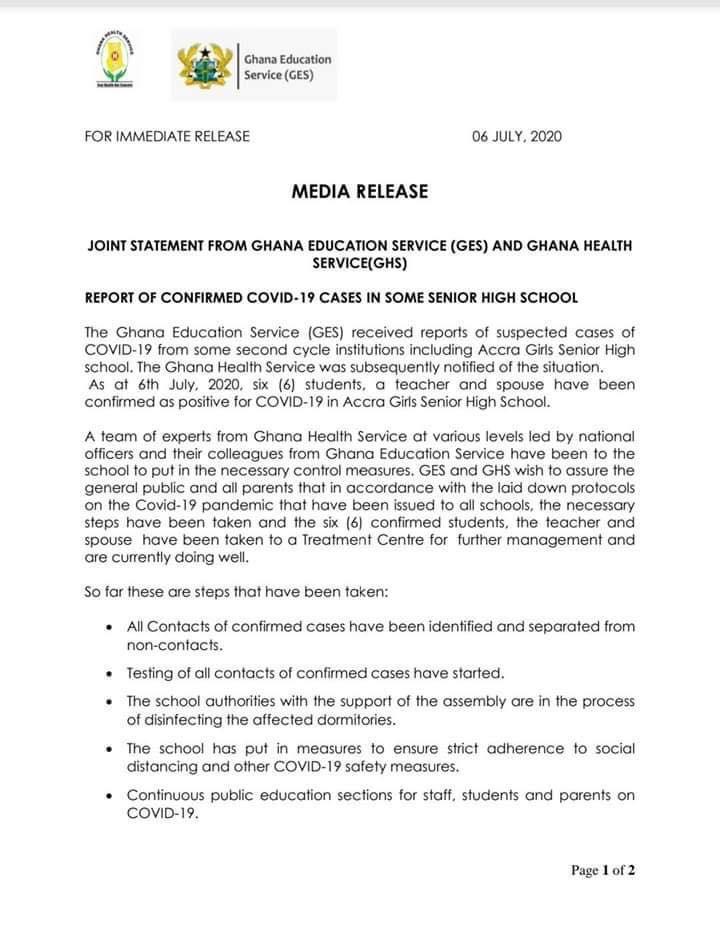 Teacher at Accra Girls SHS and wife test positive for coronavirus