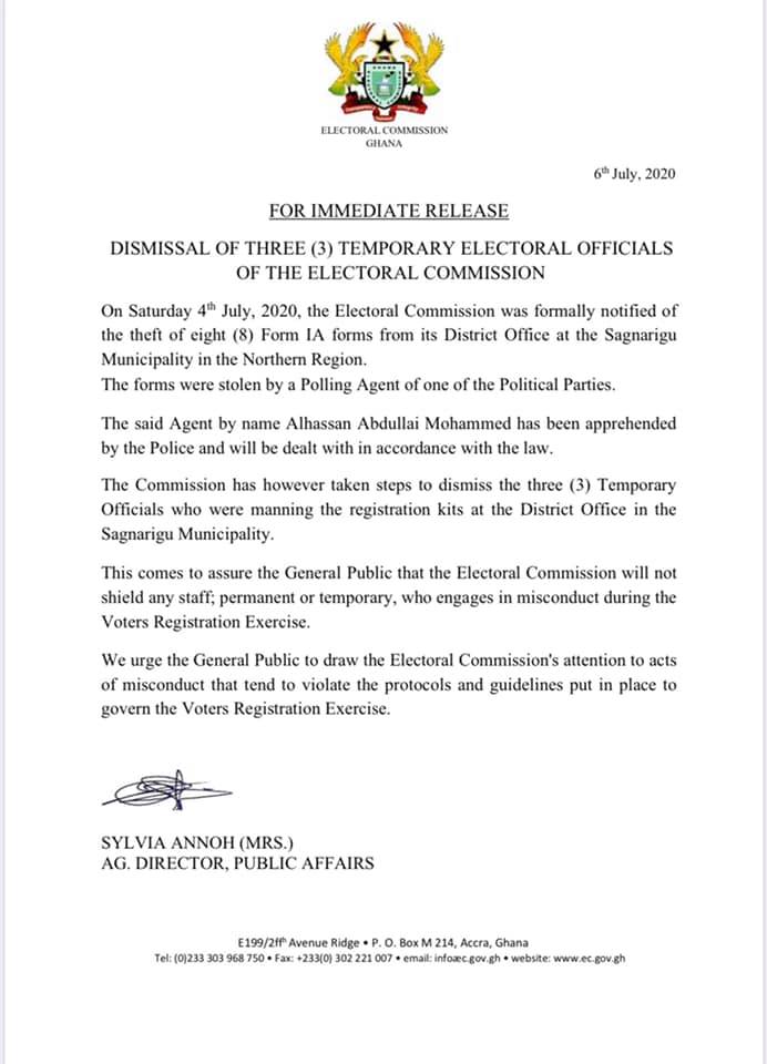 Electoral Commission sacks 3 staff for stealing IA forms