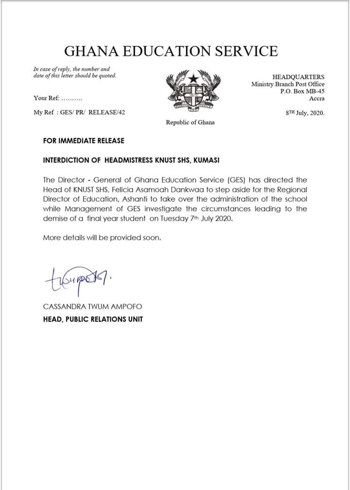 GES interdicts KNUST SHS headmistress over final year student's death