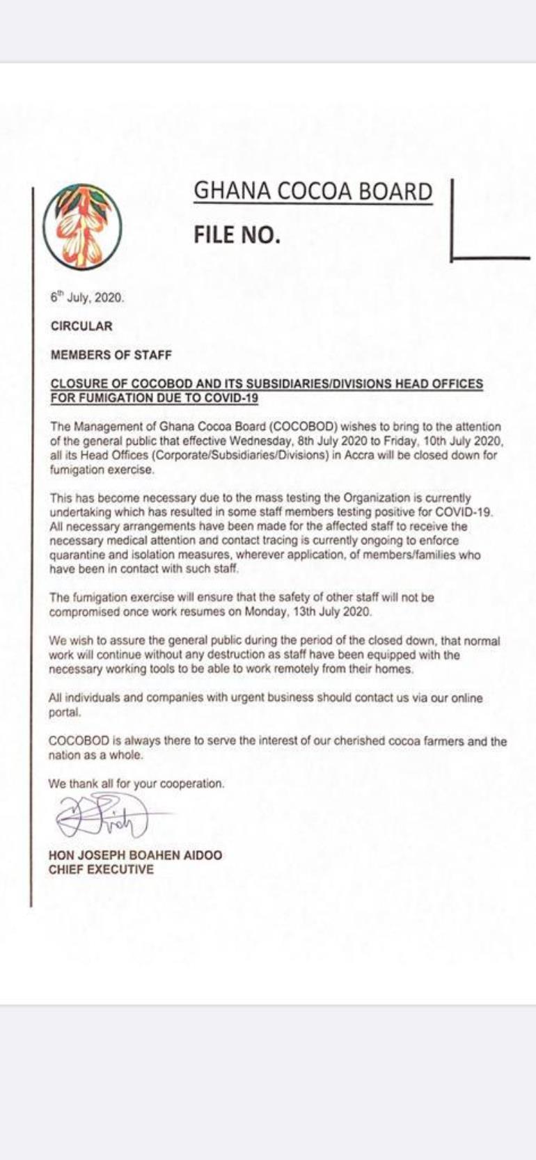 COCOBOD closes down after staff members test positive for coronavirus