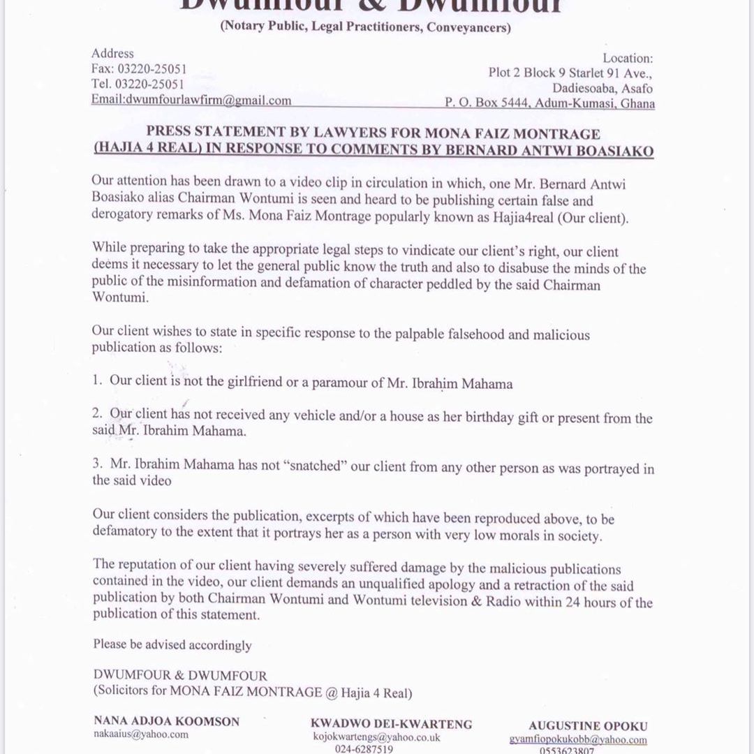 Hajia4Real files lawsuit against Chairman Wontumi for alleging that Ibrahim Mahama snatched her from Kenpong