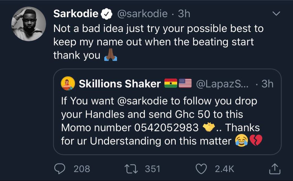 Sarkodie warns Twitter user
