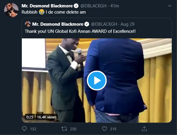 Berla Mundi and D-Black quickly delete pictures & videos of their fake UN award on social following big expose
