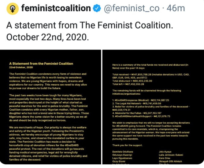 Feminist coalition releases statement to reveal the plan going forward after Buhari