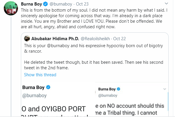 Burna Boy apologizes after being called out for his tweets about Obigbo and Oyibo being under attack