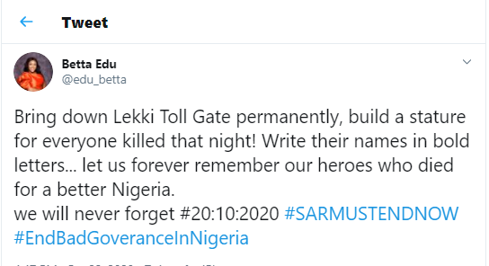 Bring down Lekki Toll Gate permanently and build a statue for every one killed that night - Cross River State Health Commissioner, Dr. Betta Edu