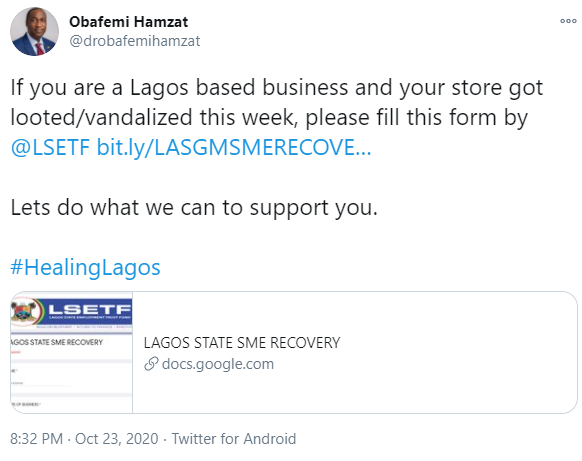 Lagos state government to support owners of businesses vandalized and looted by hoodlums - Deputy gov, Obafemi Hamzat says