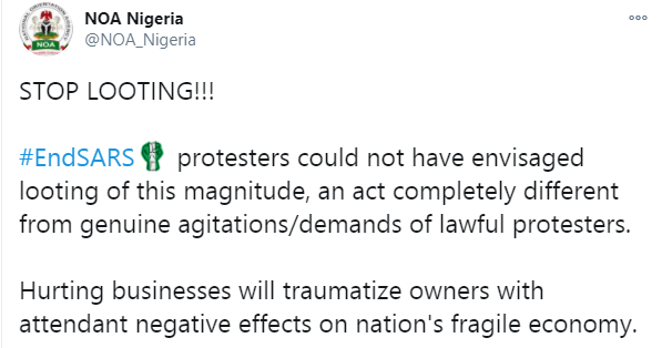 Looting will have negative effects on economy -  National Orientation Agency 