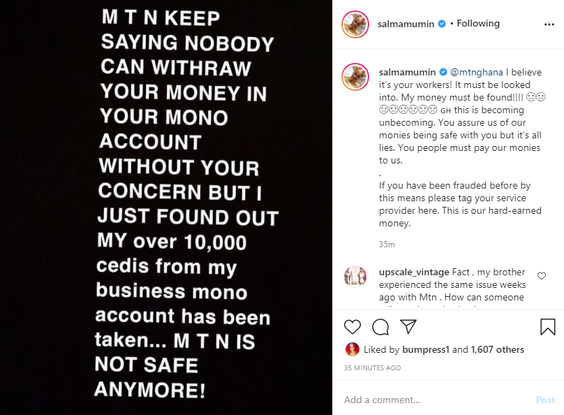 MTN allegedly withdraws GHC10,000 from Salma Mumin MOMO account