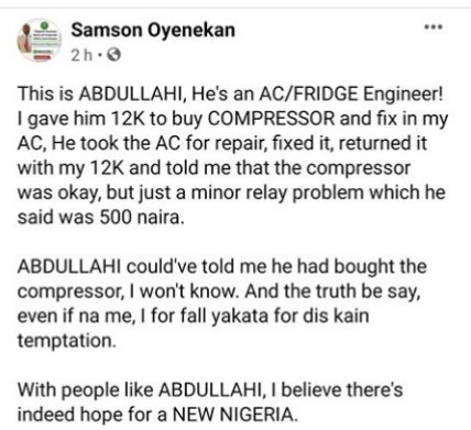 AC repairer praised for his transparency after he returned money given him to fix an AC when he noticed the issue was a minor one