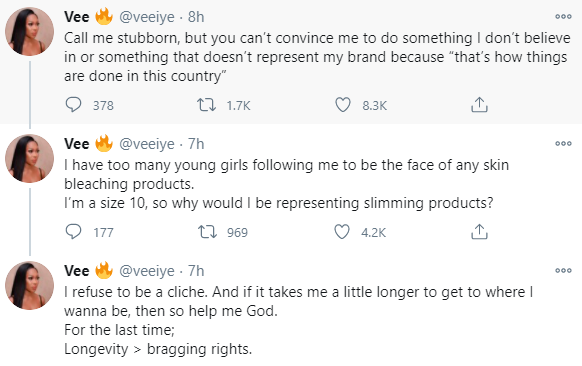 I have too many young girls following me to be the face of any skin bleaching product - BBNaija star, Vee speaks on why she hasn