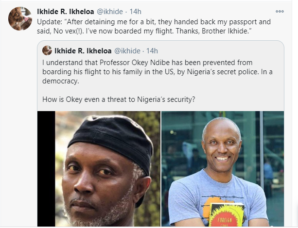 US-based Nigerian professor and Political columnist, Okey Ndibe allegedly detained by DSS before being allowed to board his flight