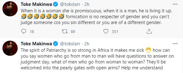 Fornication is no respecter of gender and you can?t judge someone cos you sin different - Toke Makinwa
