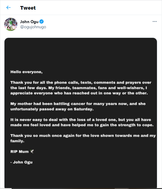  Super Eagles Midfielder John Ogu reveals his mom died after battling with cancer for many years